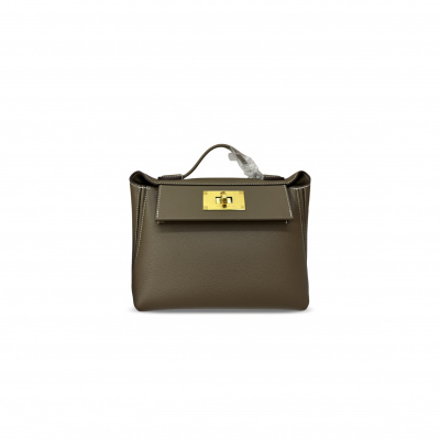 HERMES MINI 2424 21 ETOUPE EVERCOLOR AND SWIFT GOLD HARDWARE (21*16*12cm)